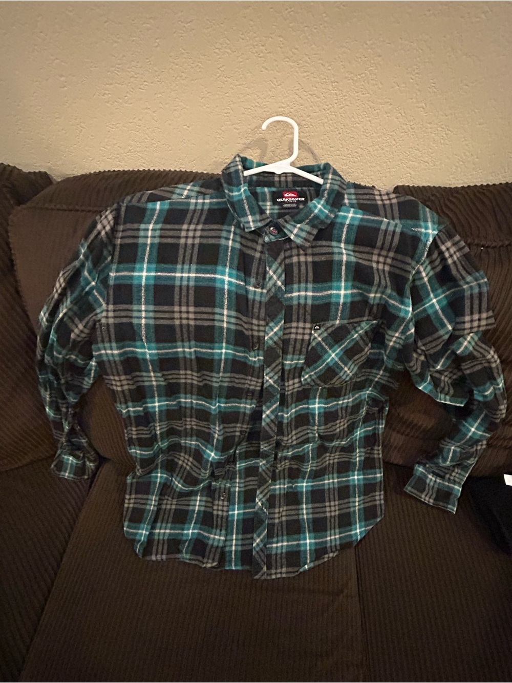 Quiksilver Black and Teal Plaid Button-Down Shirt